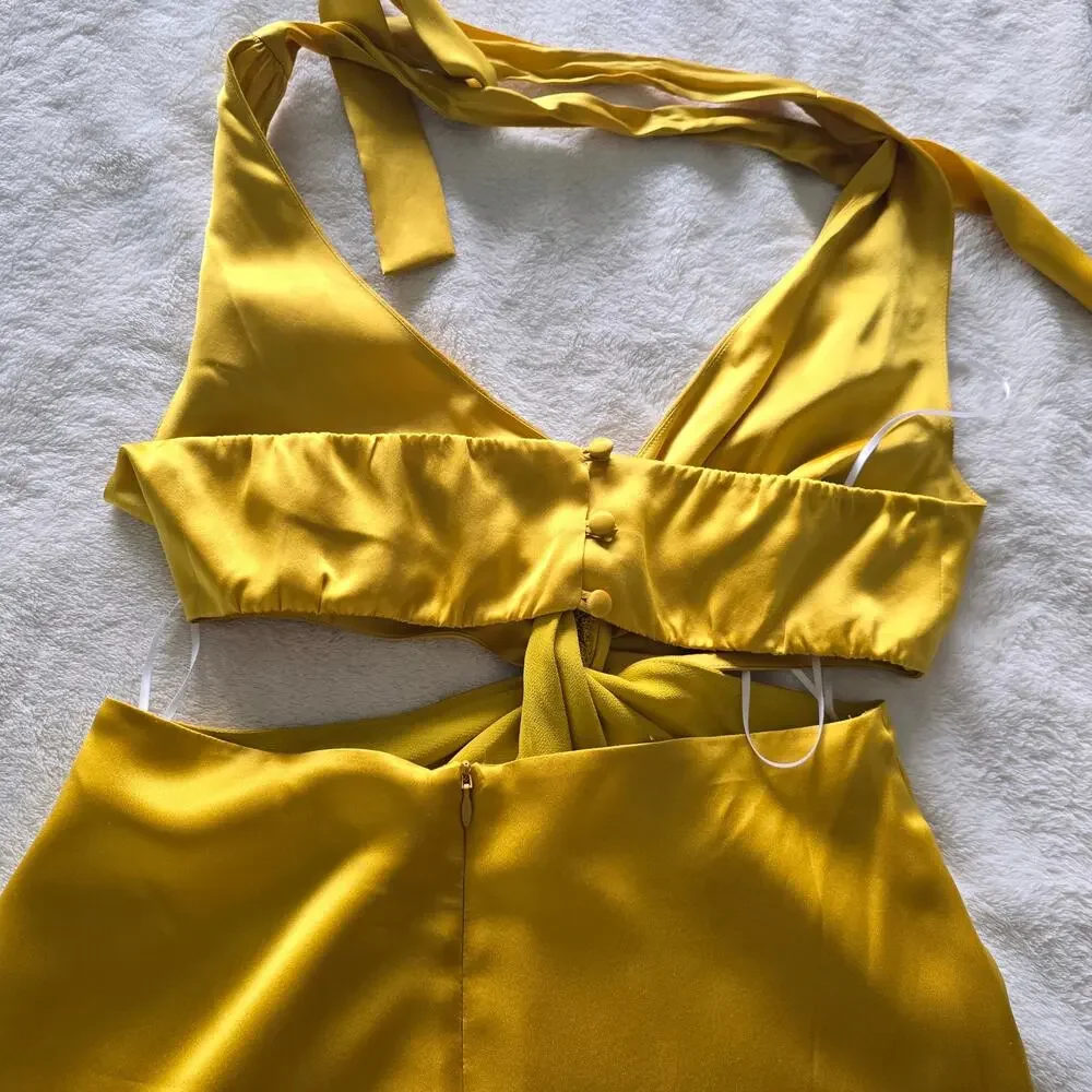 Reformation Silk Halter Maxi Dress Sz 4 Gold Cutout Backless Formal Evening Luxe - Picture 12 of 13